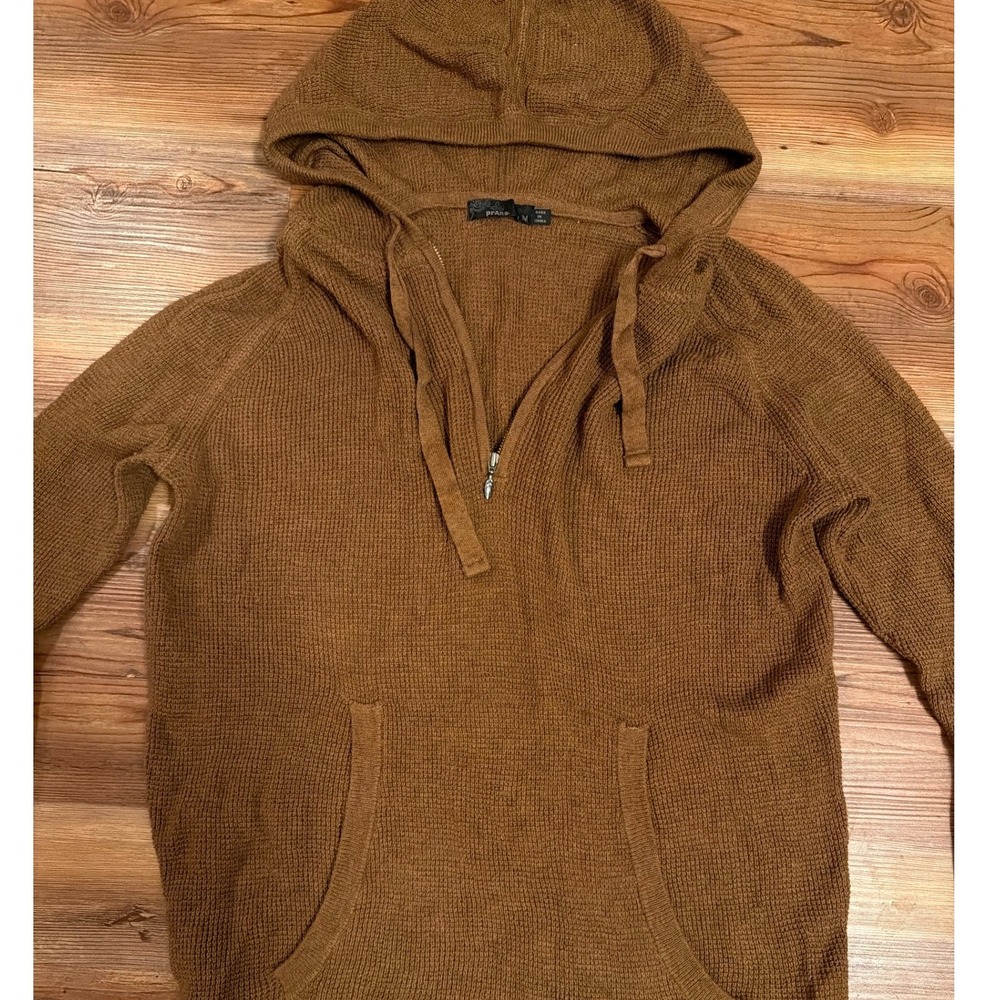 Prana Womens Brown Waffle Knit Quarter Zip Hoodie Sweater Size Medium Tobacco